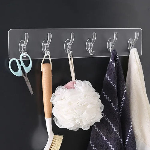 6 Row Transparent Wall Hooks Self Adhesive Clothes Coat Door Hanger
